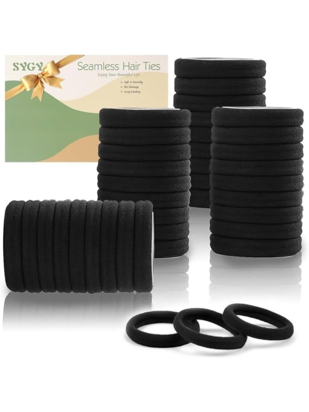 100PCS Seamless Black Hair Ties for Women - No Crease Cotton Hair Bands